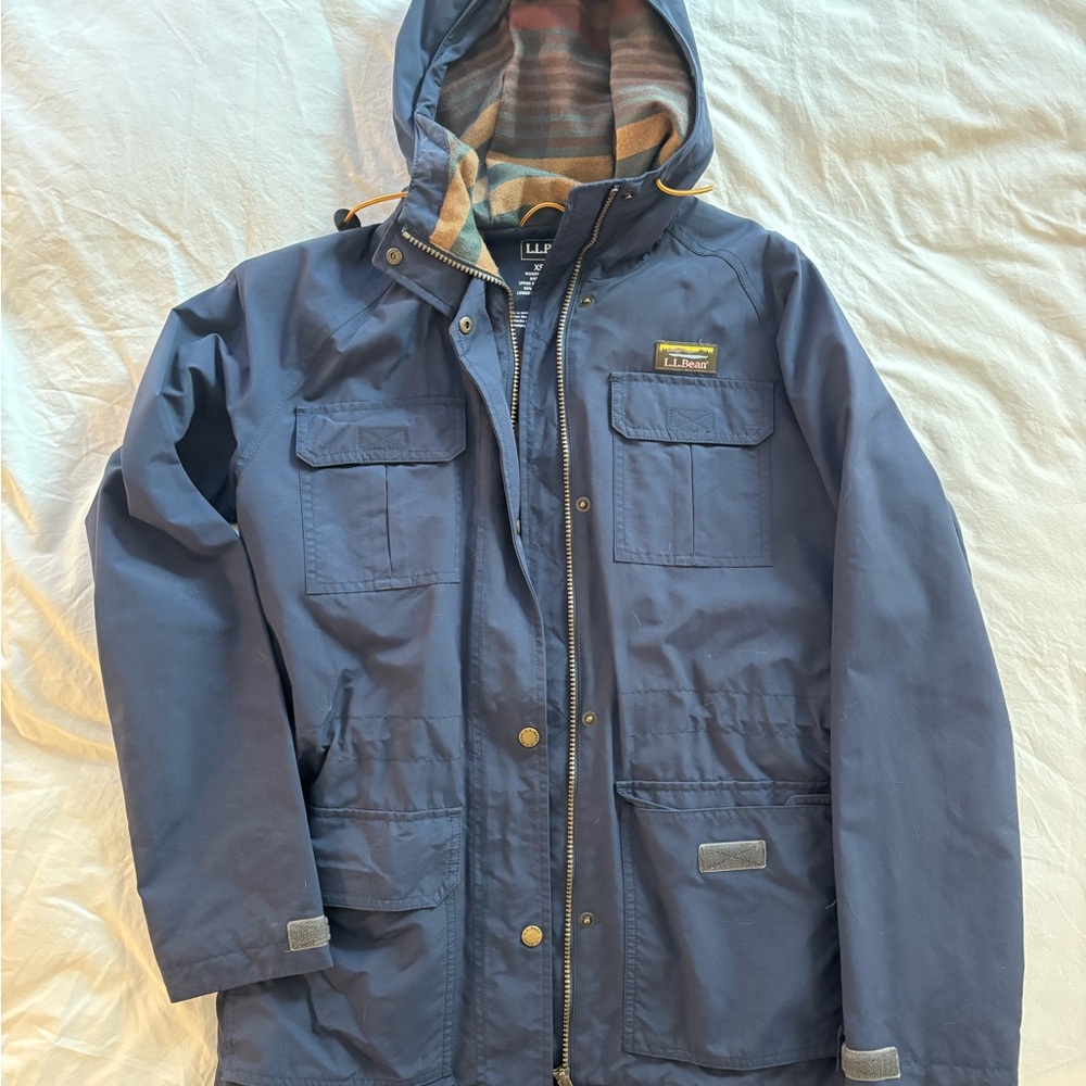 L.L. Bean Women’s Navy Raincoat with Striped Flannel Lining - Picture 3 of 4